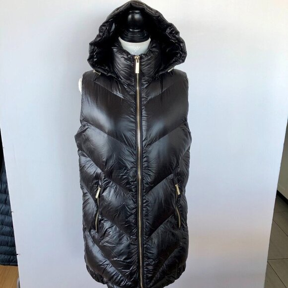MICHAEL KORS Black Quilted Puffer Hoodie Vest Long Tunic Length high neck Gold S - Picture 6 of 16